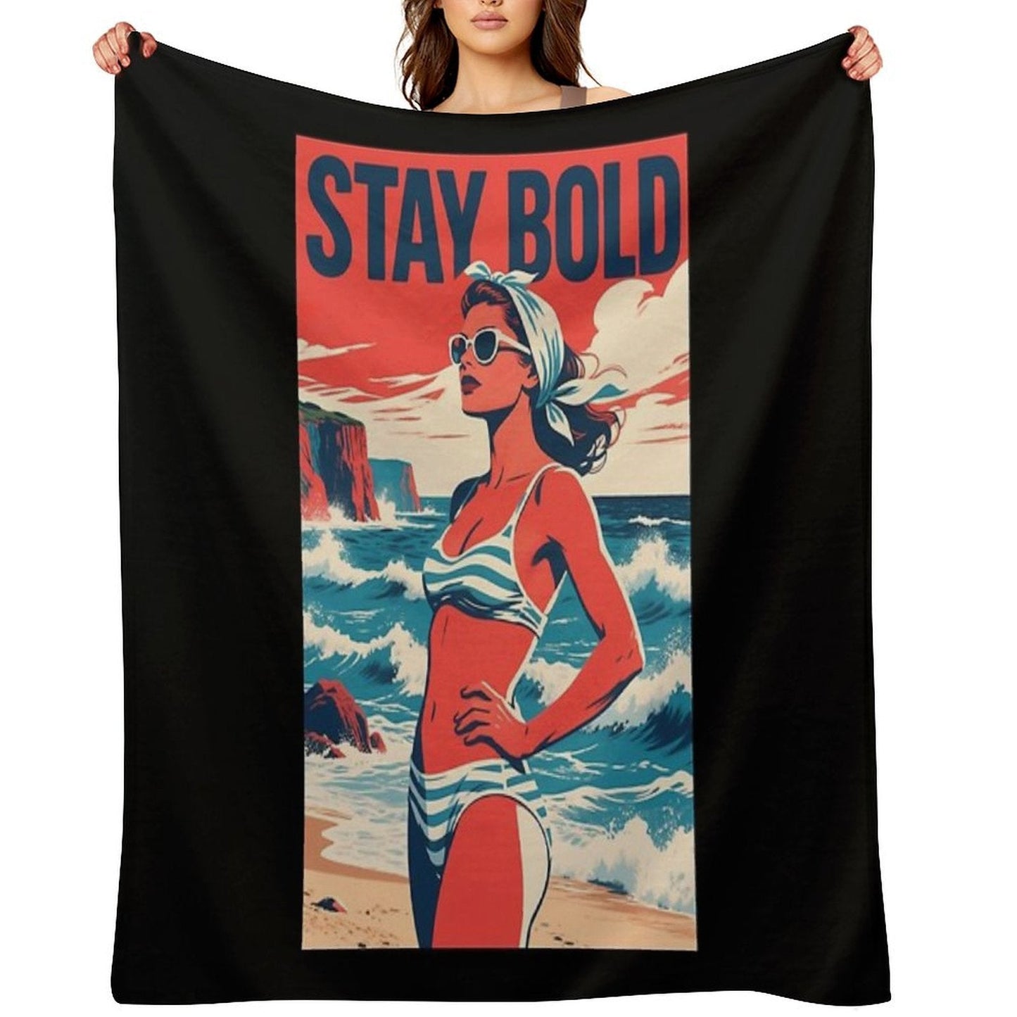 Stay Bold – Retro Beach Woman Hope Propaganda Velvety Soft Throw Blanket