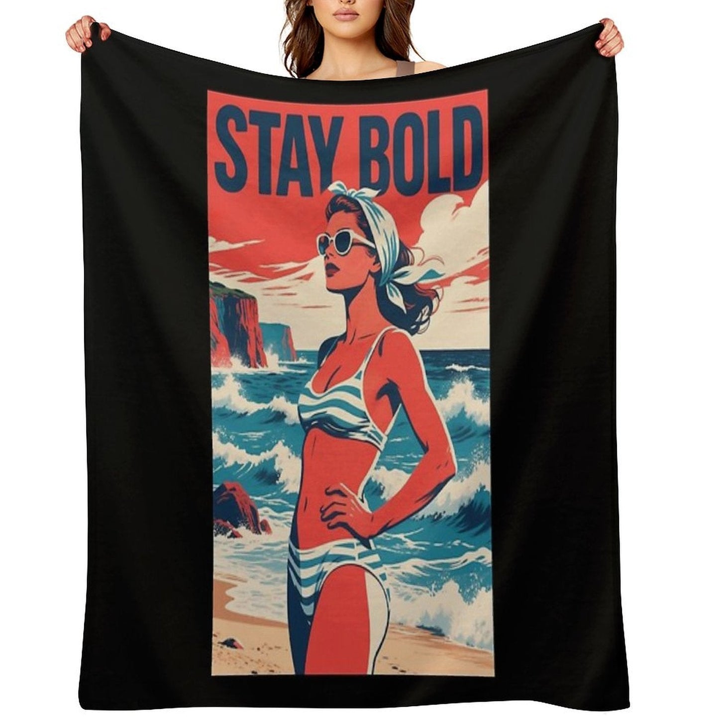 Stay Bold – Retro Beach Woman Hope Propaganda Velvety Soft Throw Blanket