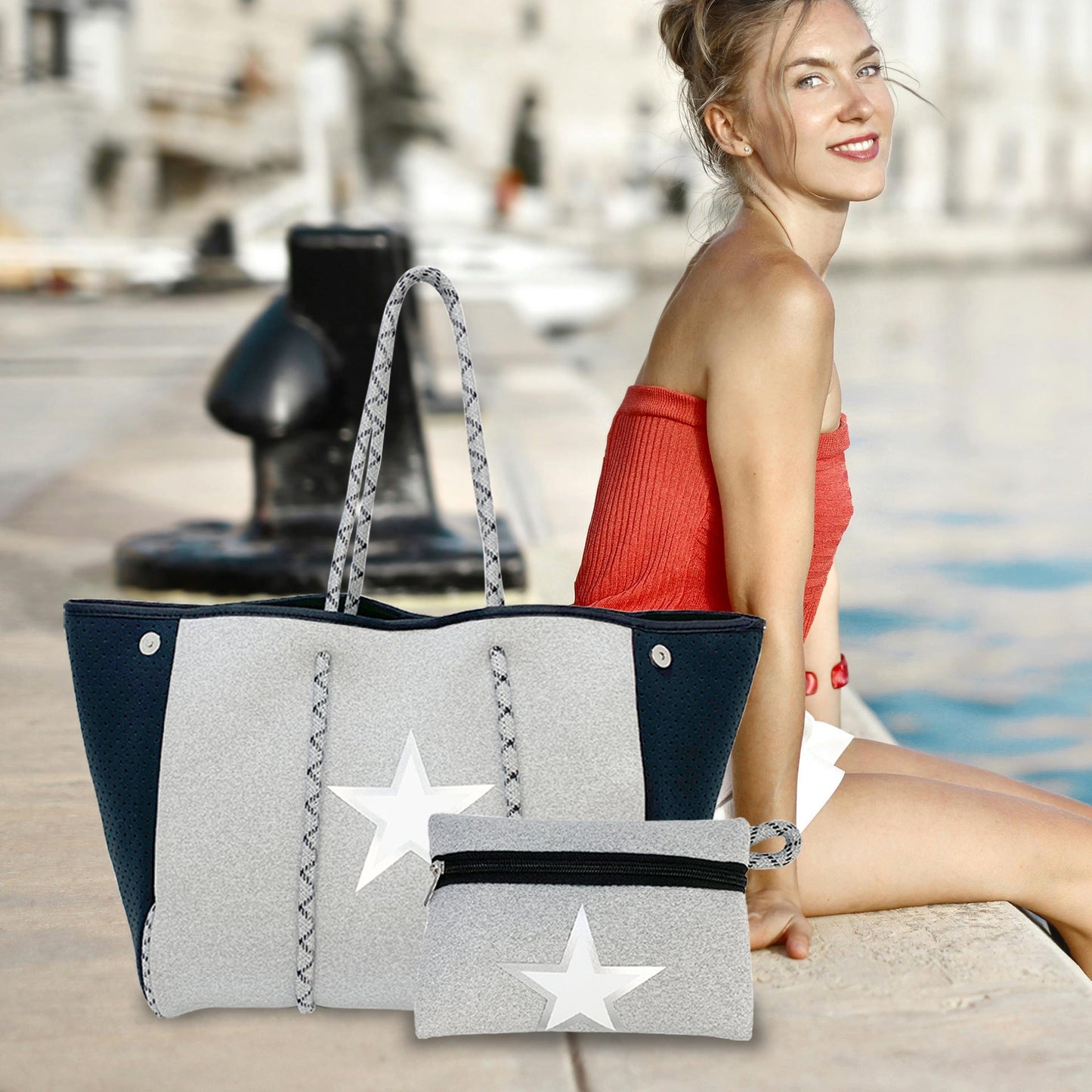 Sac de plage perforé en néoprène – Cabas deux-en-un mère-enfant, Grand sac de natation anti-sable