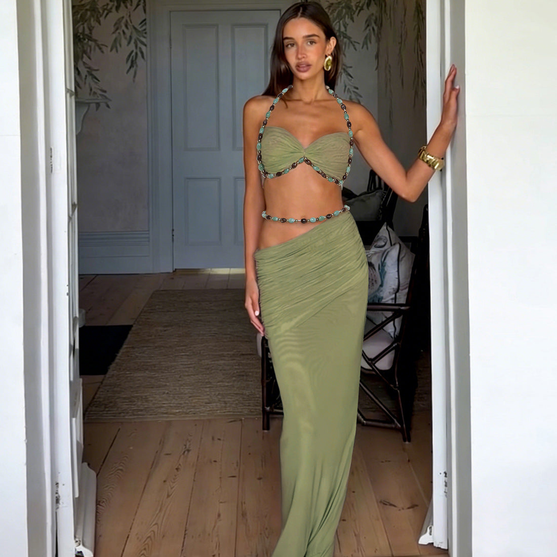Ensembles deux pièces pour femmes, printemps, couleur unie, sans manches, licou, petit débardeur, taille haute, jupe moulante sexy avec poches.