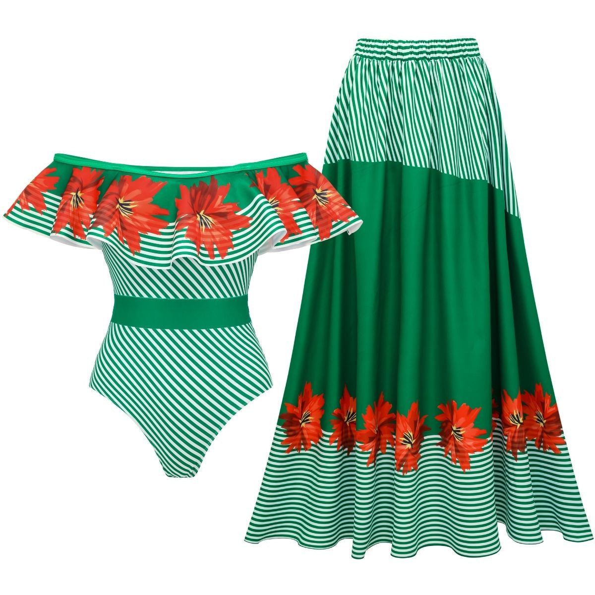 Maillot de bain femme Vert Rayé Floral Couture Haut tube Maillot de bain