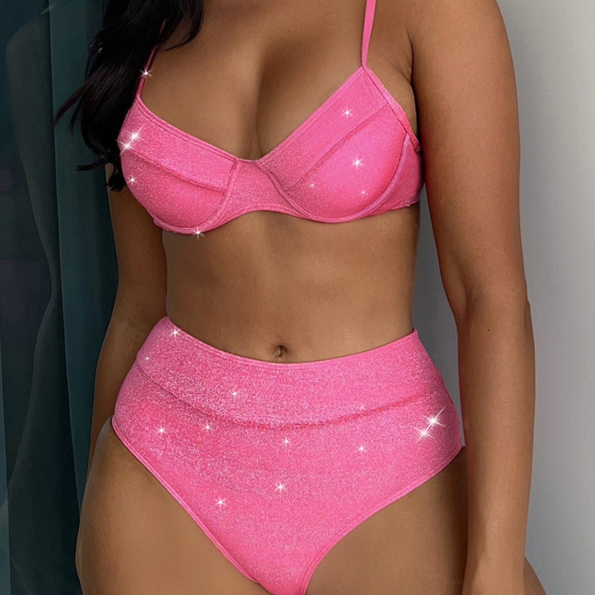 Maillots de Bain Séparés Femme Doré Argenté Soie Sexy Soutien-Gorge à Armatures Taille Haute Brillant