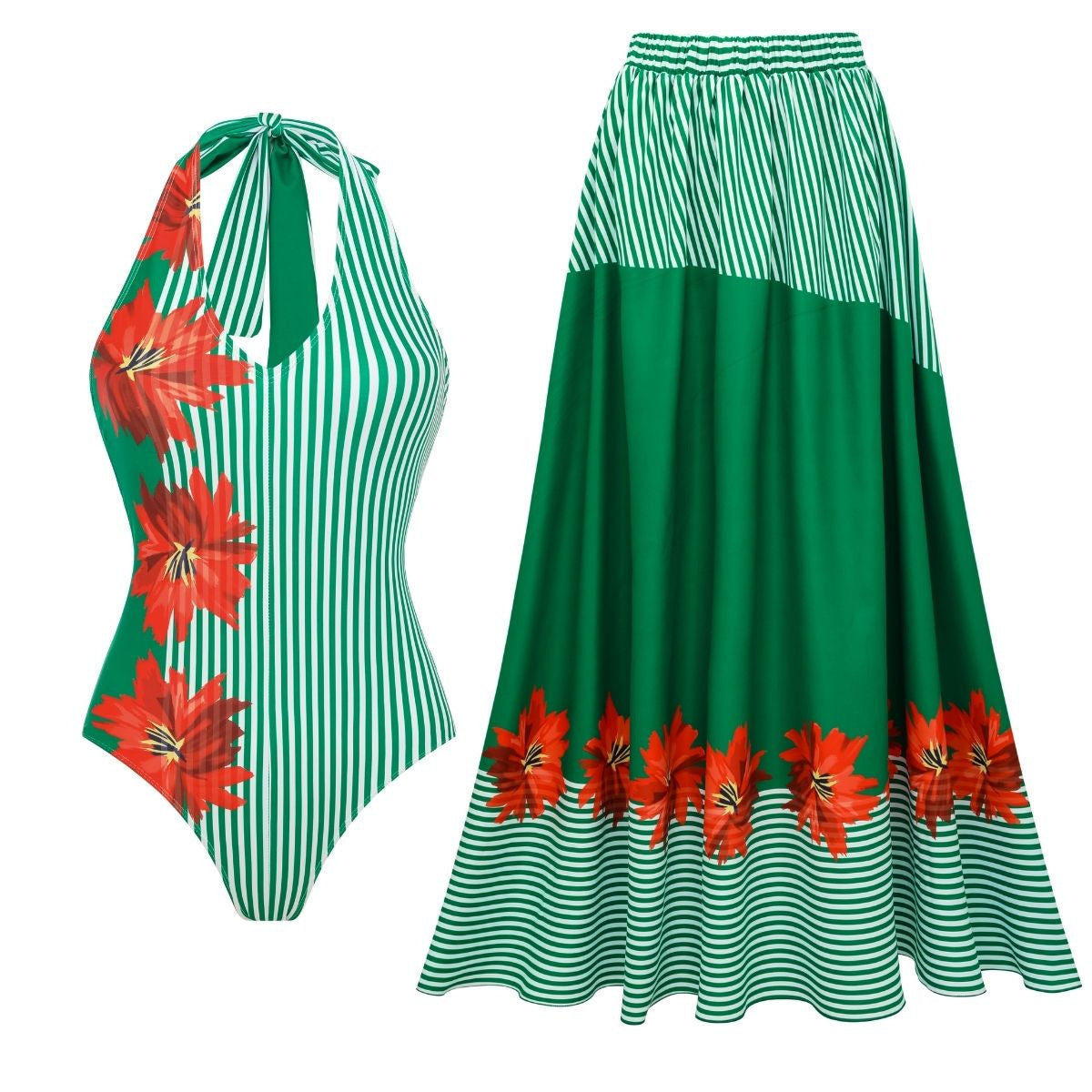 Maillot de bain femme Vert Rayé Floral Couture Haut tube Maillot de bain