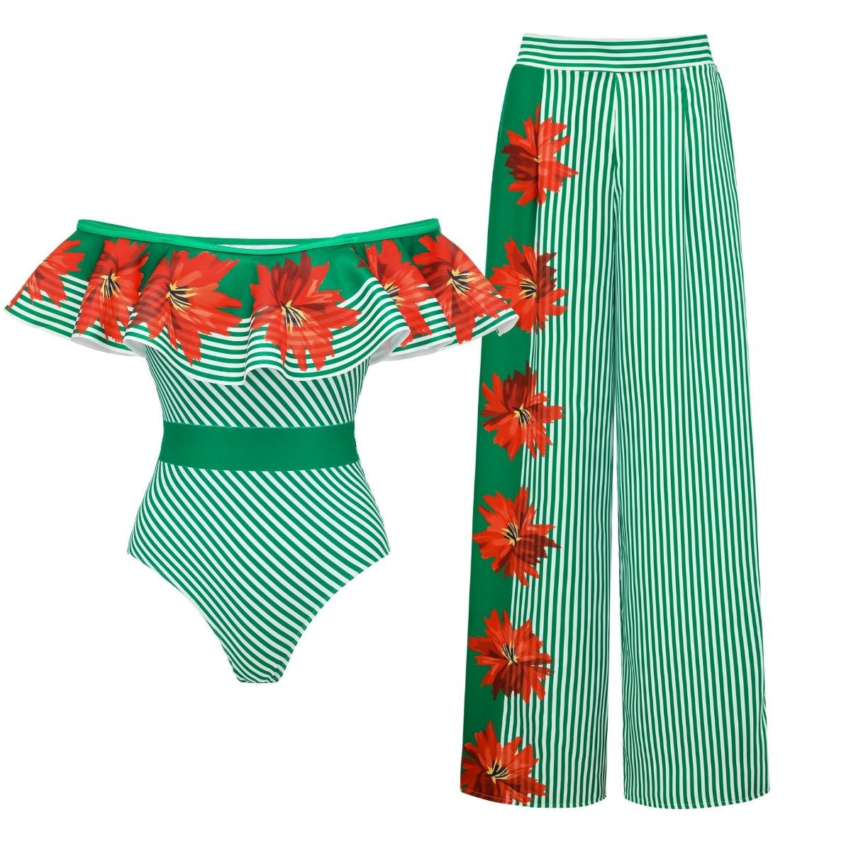 Maillot de bain femme Vert Rayé Floral Couture Haut tube Maillot de bain