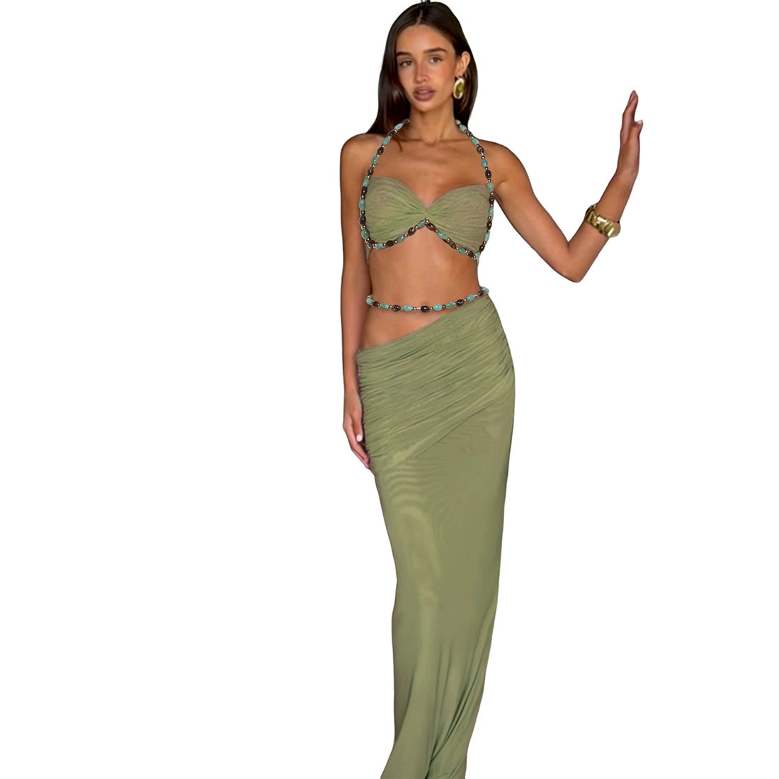 Ensembles deux pièces pour femmes, printemps, couleur unie, sans manches, licou, petit débardeur, taille haute, jupe moulante sexy avec poches.