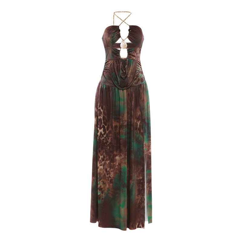 Robe sexy de printemps pour femme, col Bardot, chaîne au cou, fente à la taille, idéale pour les vacances