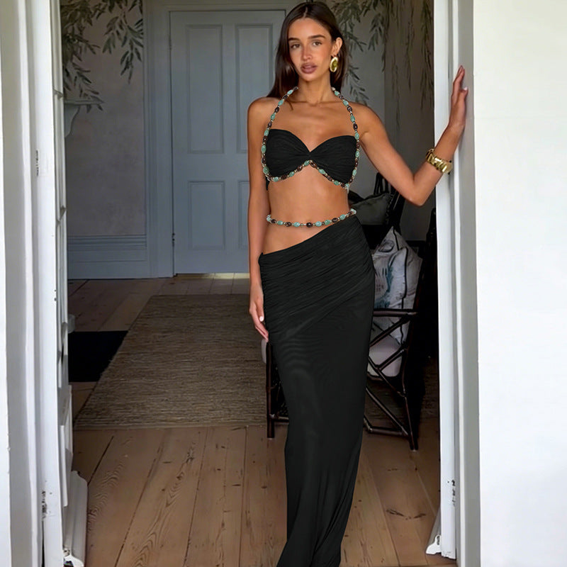 Ensembles deux pièces pour femmes, printemps, couleur unie, sans manches, licou, petit débardeur, taille haute, jupe moulante sexy avec poches.