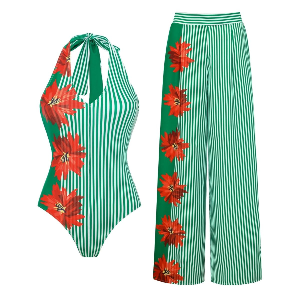Maillot de bain femme Vert Rayé Floral Couture Haut tube Maillot de bain