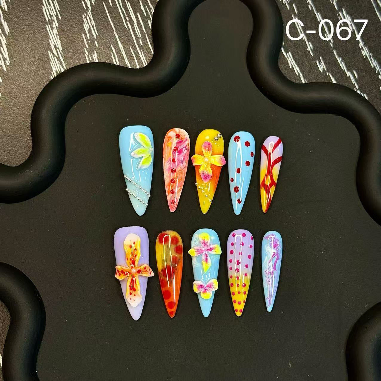 Faux ongles à presser stéréo sculptés colorés peints à la main faits main, patchs dopamine, vente en gros