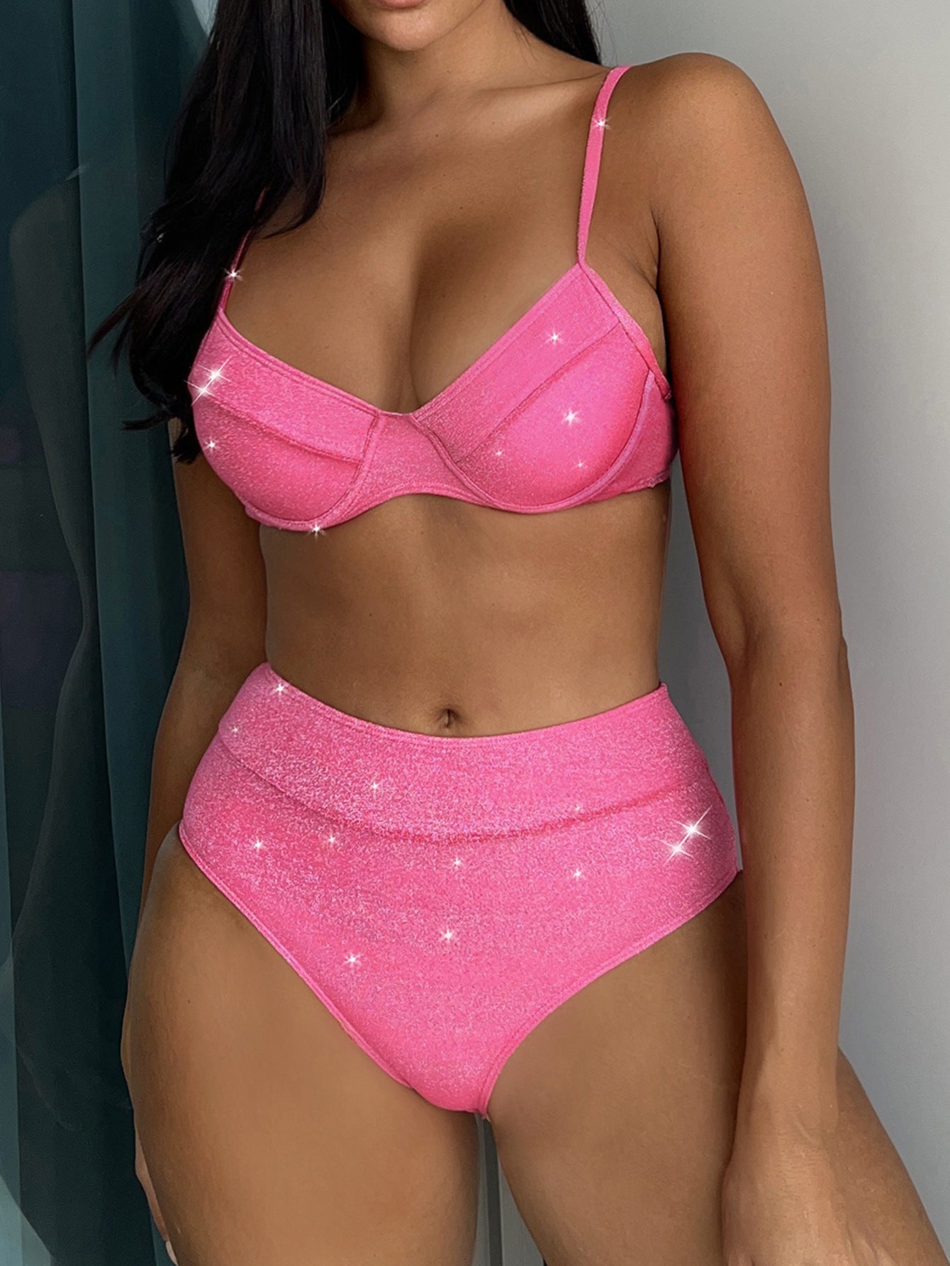 Maillots de Bain Séparés Femme Doré Argenté Soie Sexy Soutien-Gorge à Armatures Taille Haute Brillant