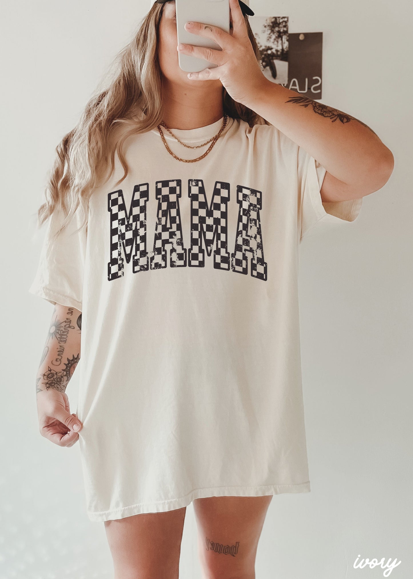 Mama Outline Checkered Tee *12 Colors (S-3X)