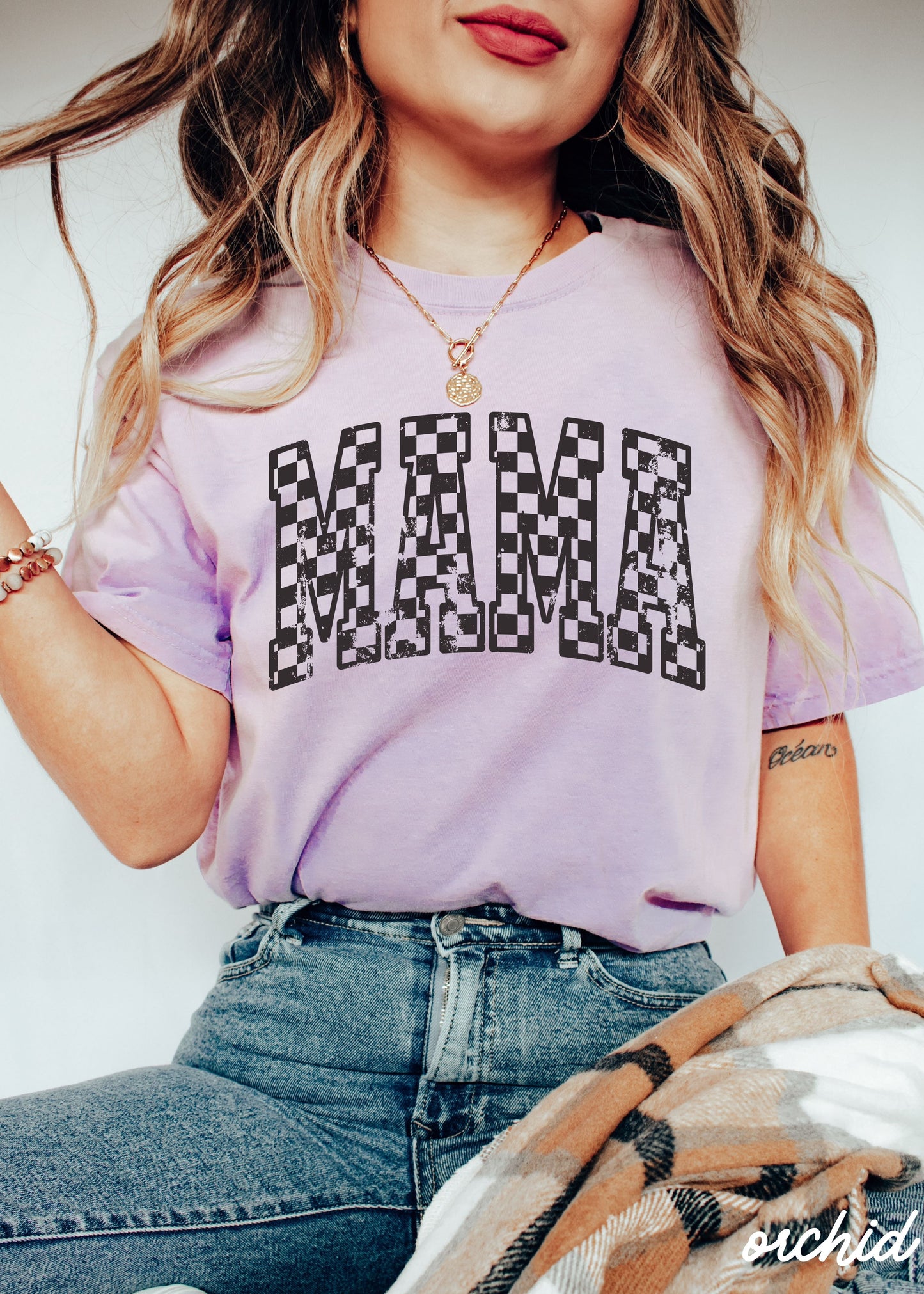 Mama Outline Checkered Tee *12 Colors (S-3X)