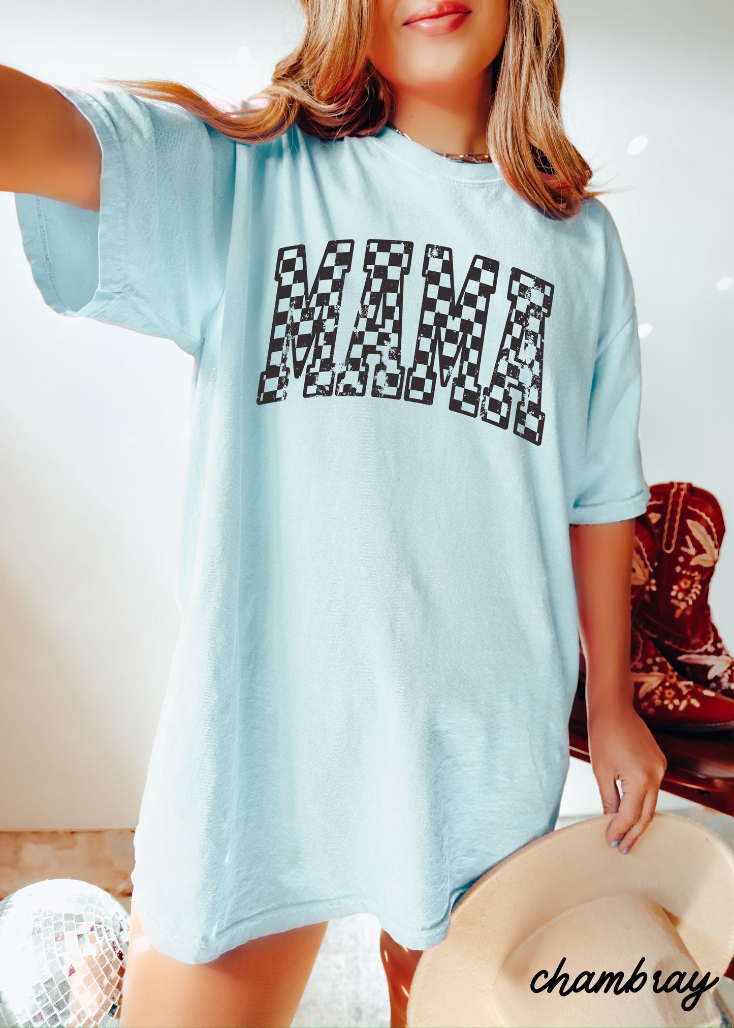 Mama Outline Checkered Tee *12 Colors (S-3X)