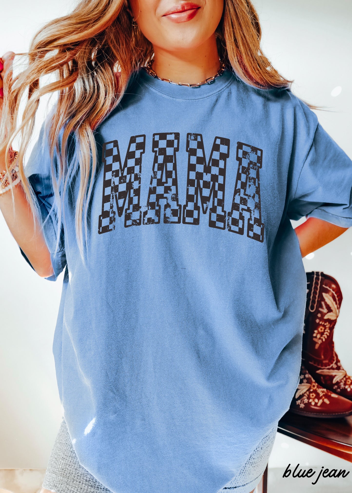 Mama Outline Checkered Tee *12 Colors (S-3X)