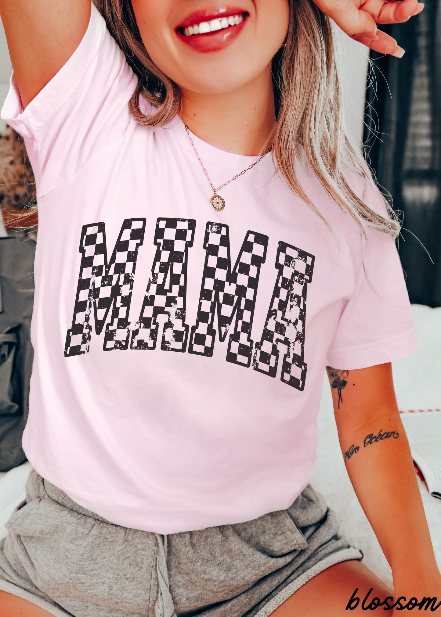 Mama Outline Checkered Tee *12 Colors (S-3X)