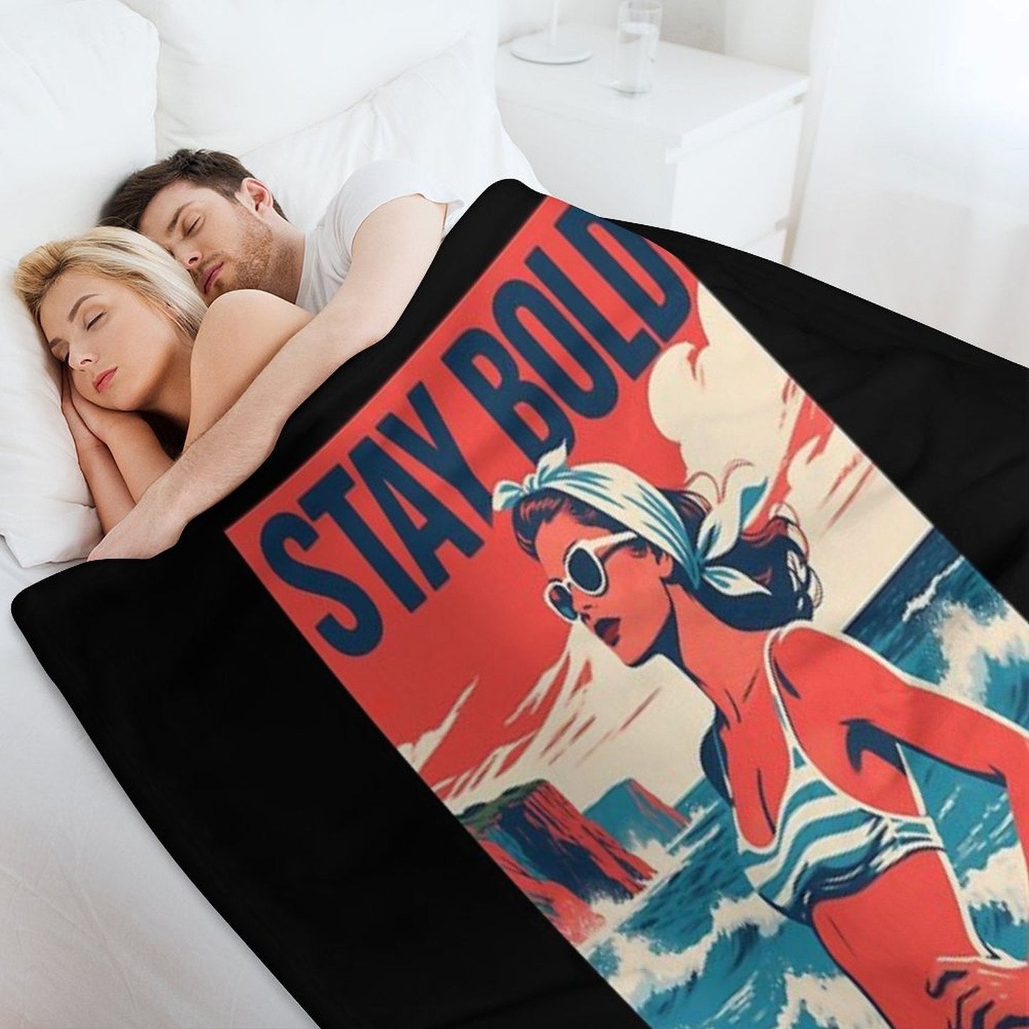 Stay Bold – Retro Beach Woman Hope Propaganda Velvety Soft Throw Blanket