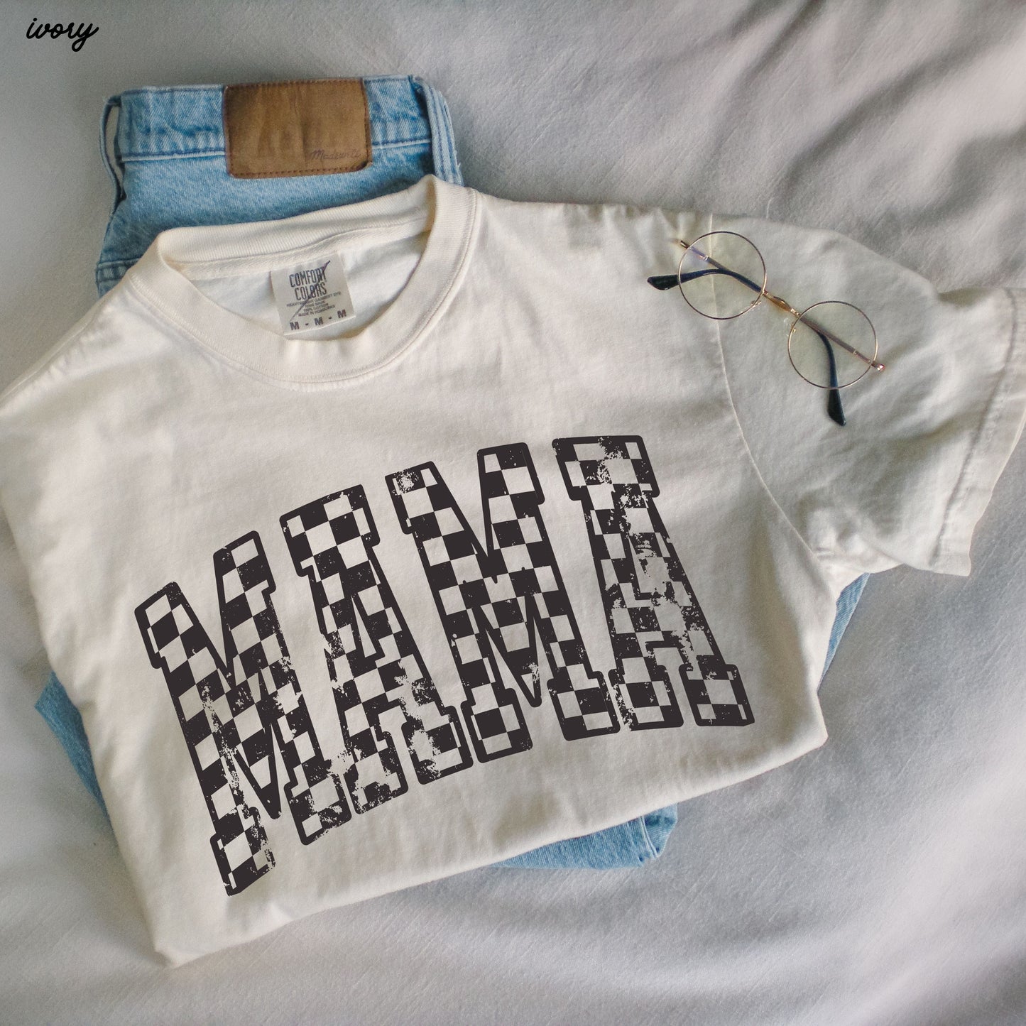 Mama Outline Checkered Tee *12 Colors (S-3X)