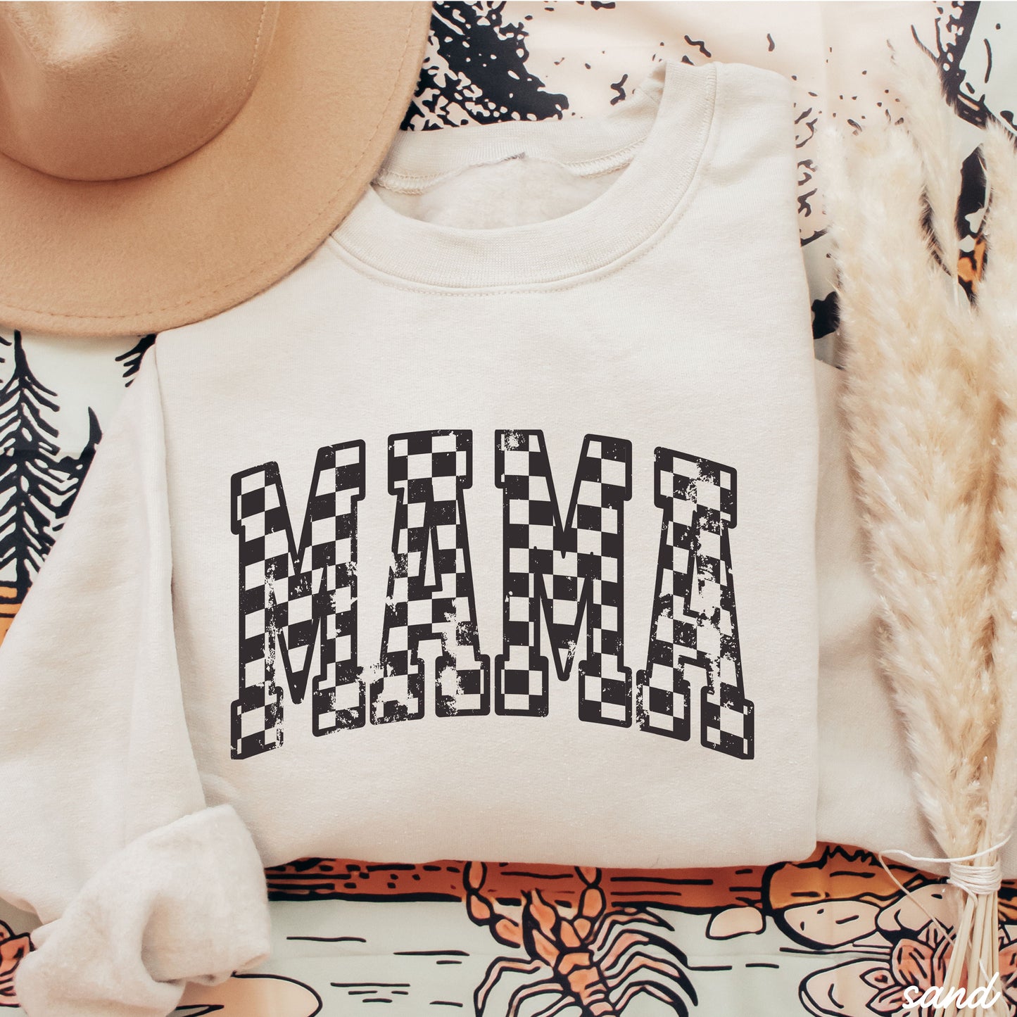 Mama Outline Checkered Sweatshirt *7 Colors (S-3X)