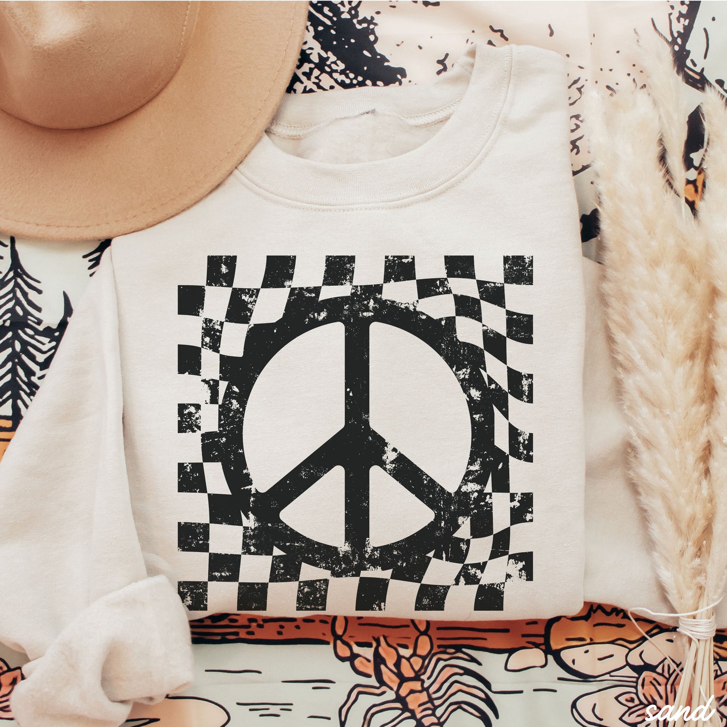Checkered Peace Sign Sweatshirt *7 Colors (S-3X)
